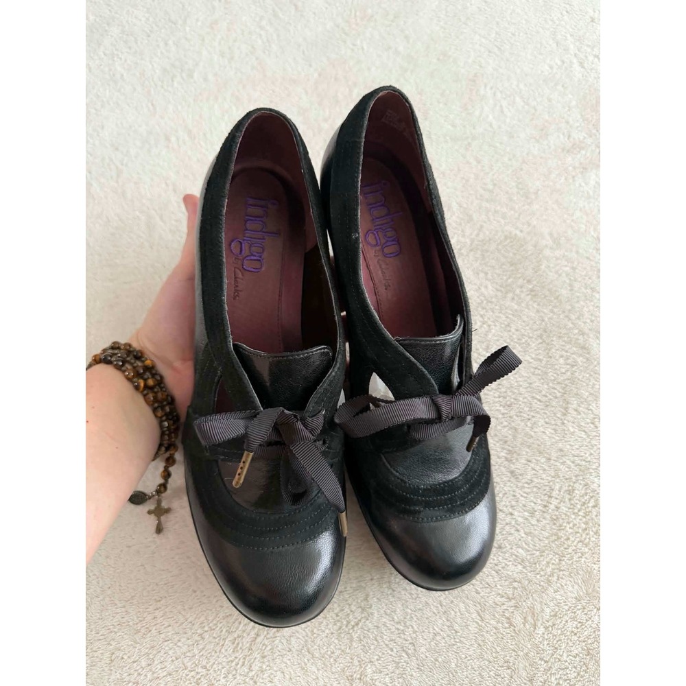 Indigo by Clarks Womens 8.5 Black Leather Suede Lace Up Pump Heel Edwardian
